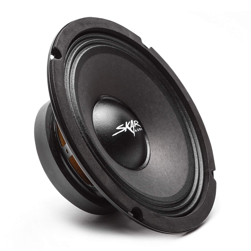Skar Audio FSX8-8 front view showing cone and grille, clear midrange reproduction