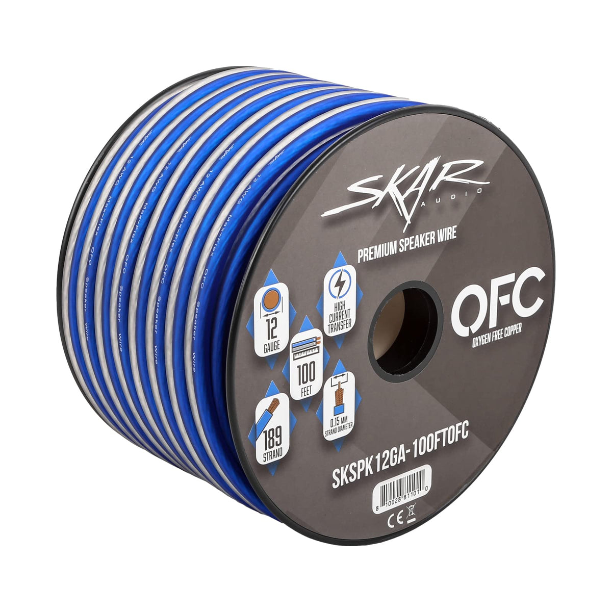 Skar Audio oxygen-free copper wire 100 ft reel enhances low-resistance signal transfer.