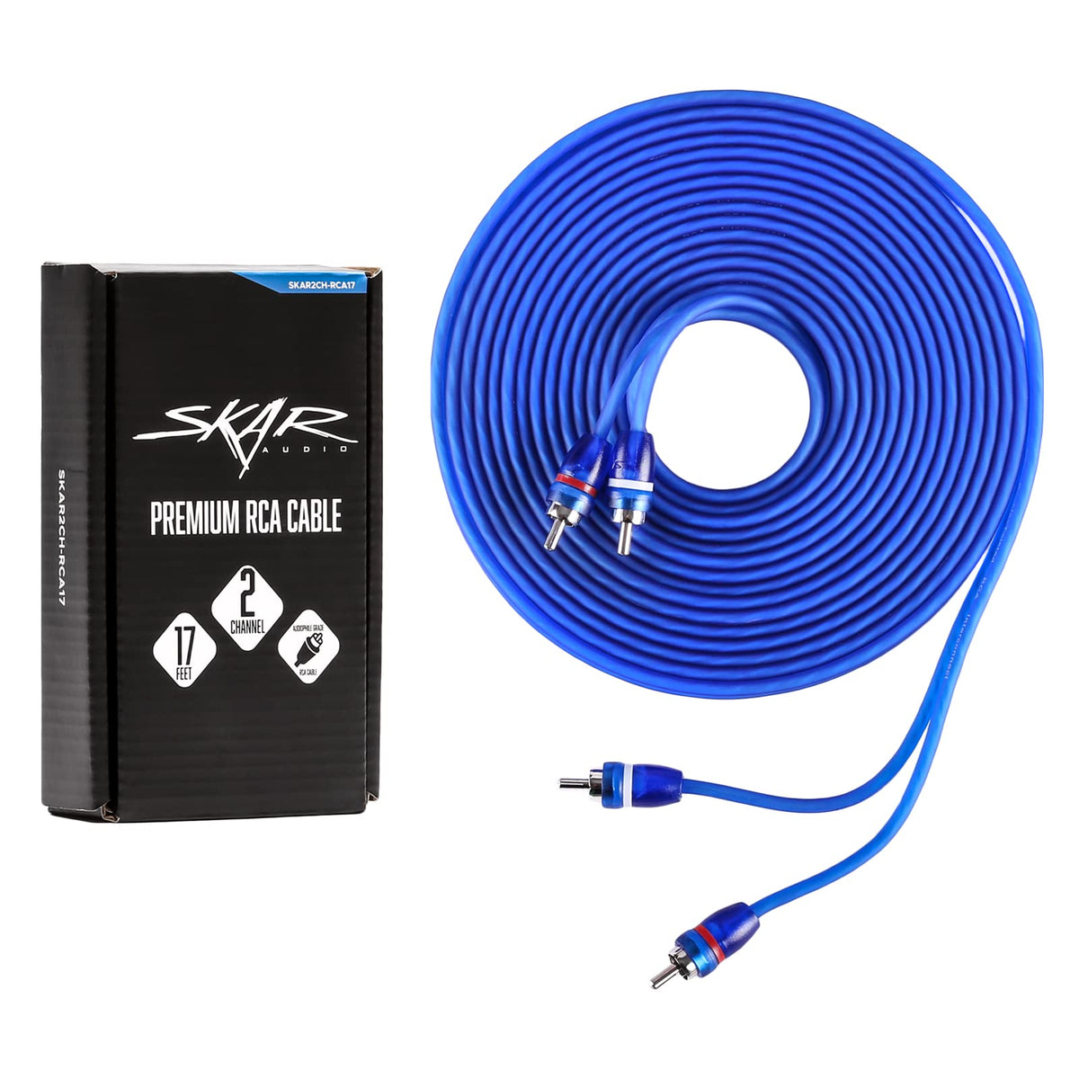 Skar Audio RCA interconnect ends with red and white bands for channel separation.