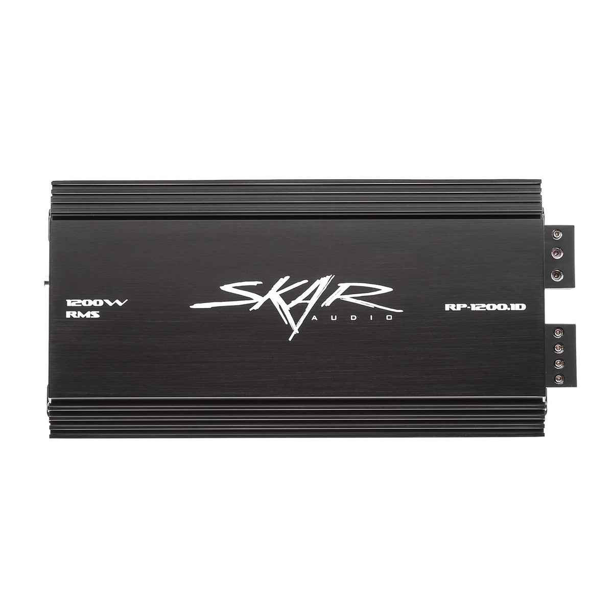 Skar Audio RP-1200.1D front view showing compact mono amp for tight installations.