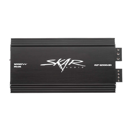 Skar Audio RP-1200.1D front view showing compact mono amp for tight installations.