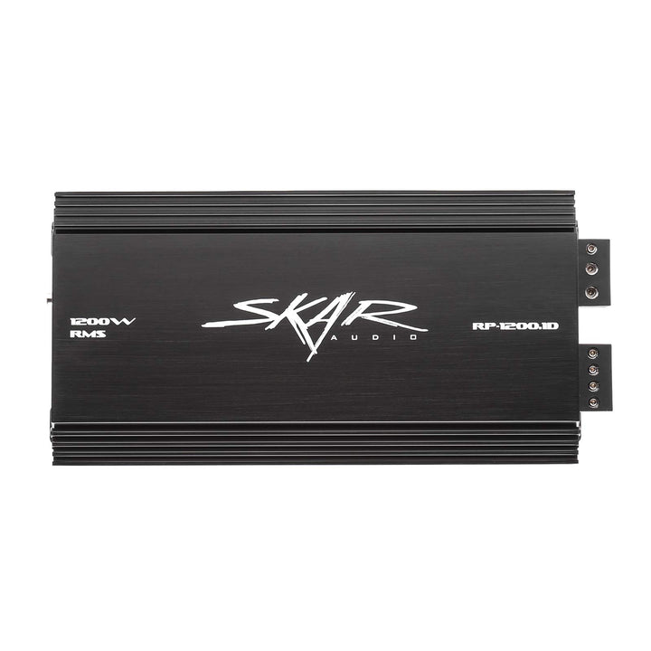 Skar Audio RP-1200.1D front view showing compact mono amp for tight installations.