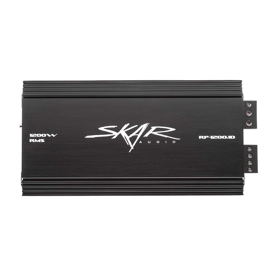 Skar Audio RP-1200.1D front view showing compact mono amp for tight installations.