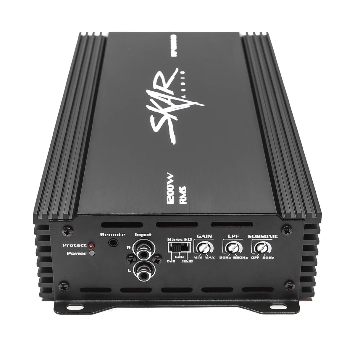 Skar Audio RP-1200.1D heat sink detail highlighting efficient cooling for reliable performance.