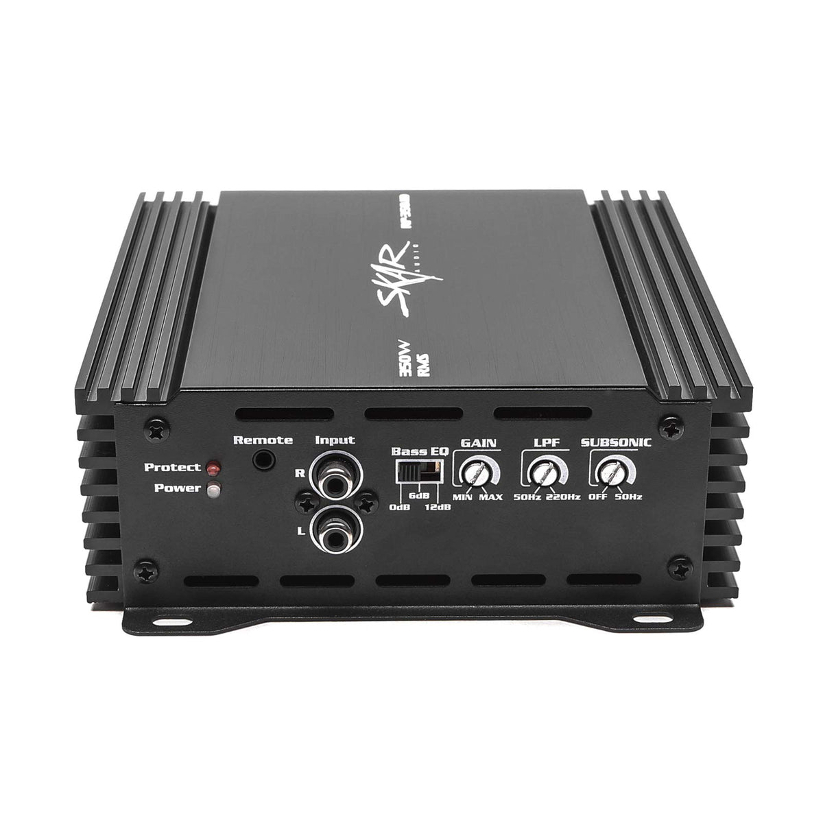 Skar Audio RP-350-1D side profile showcasing rugged construction for durable car audio performance.