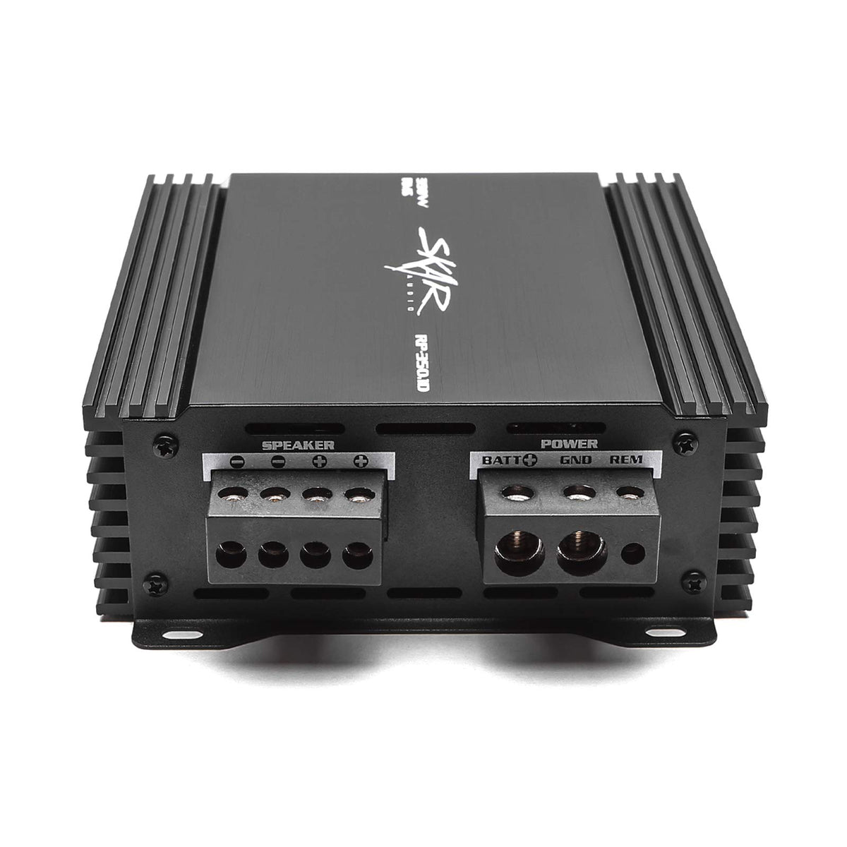 Skar Audio RP-350-1D remote subwoofer level control included for quick bass tuning.