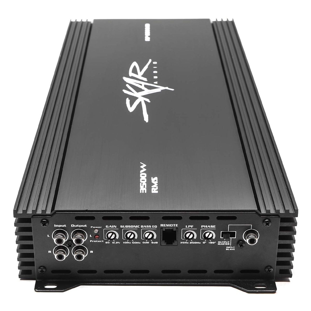 Skar Audio RP-3500.1D control panel with gain, bass boost, and filters for precise tuning.