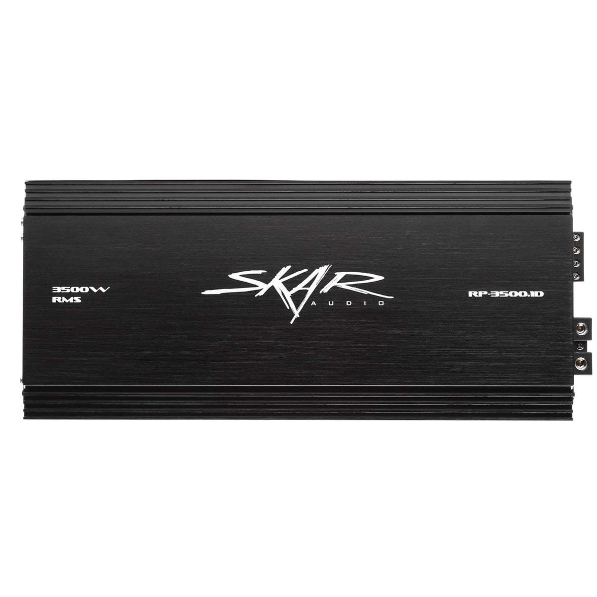 Skar Audio RP-3500.1D front view showing compact, high‑power sub amp for deep bass.
