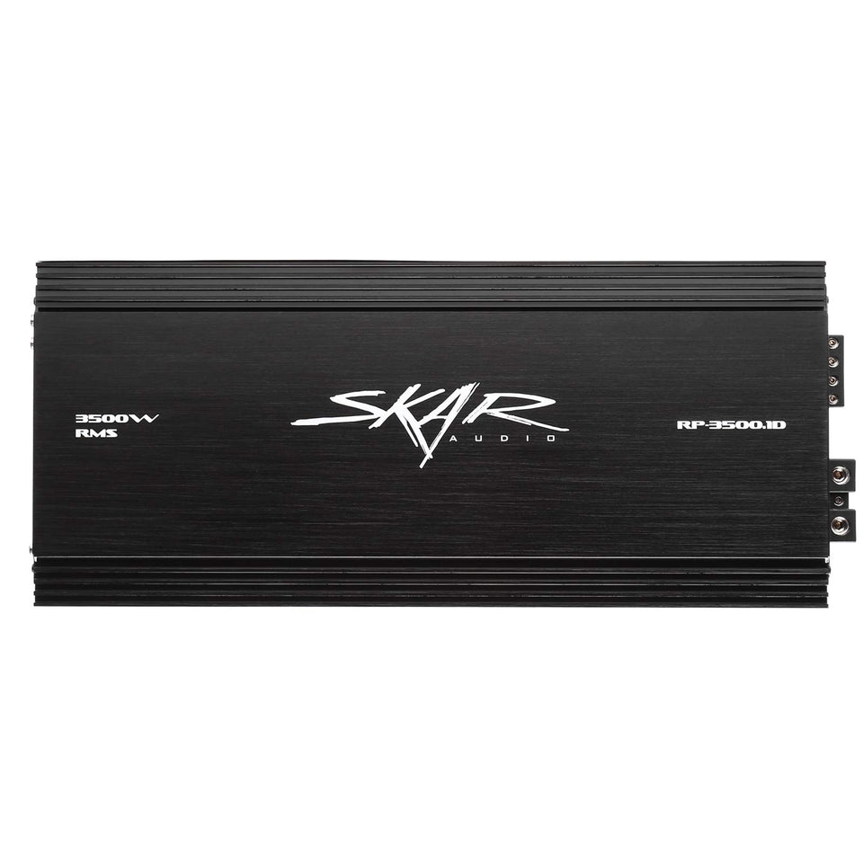 Skar Audio RP-3500.1D front view showing compact, high‑power sub amp for deep bass.