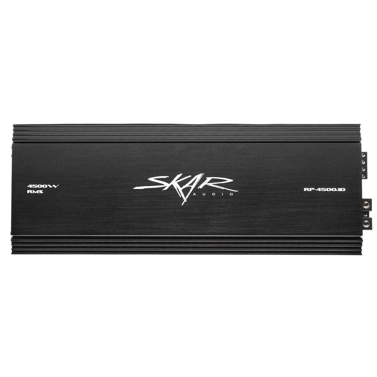 Skar Audio RP-4500.1D front view highlights compact power for robust subwoofer performance.