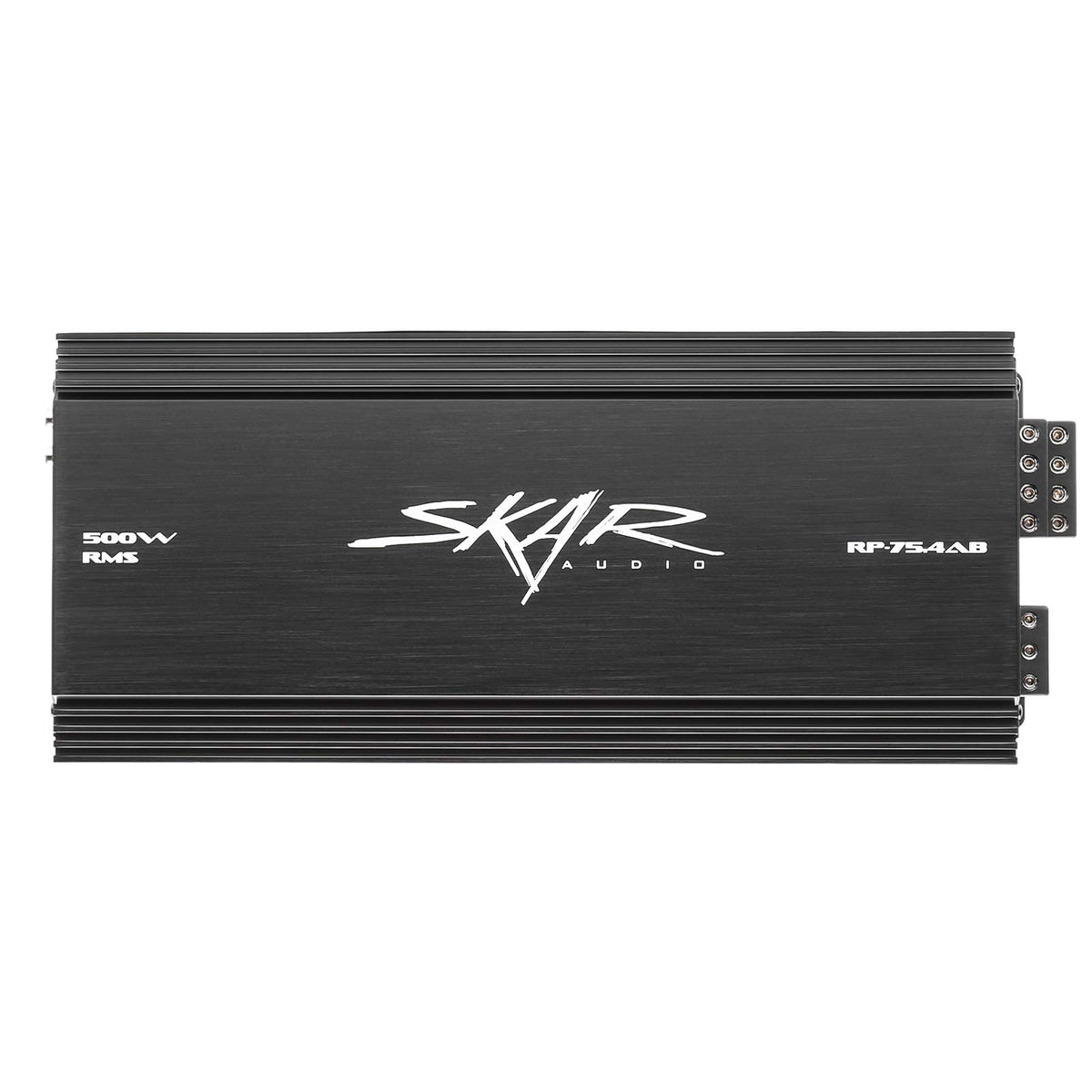 Skar Audio RP-75.4AB front panel shows four-channel layout for clean sound delivery