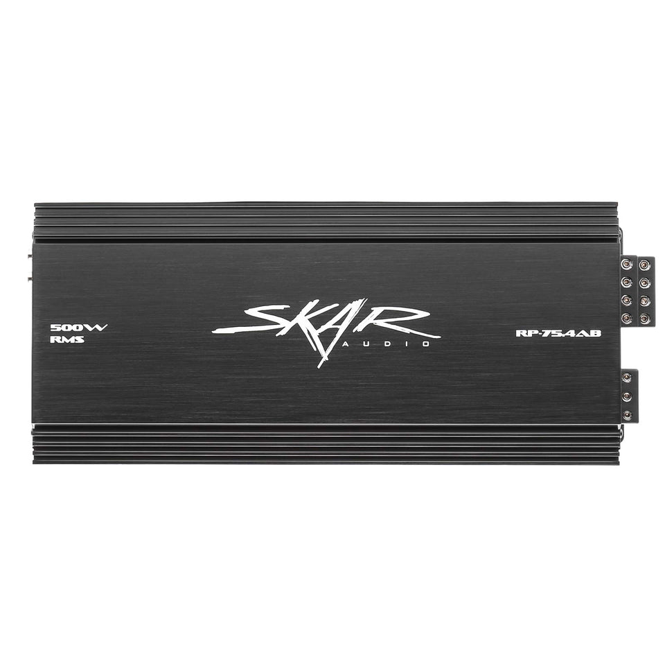 Skar Audio RP-75.4AB front panel shows four-channel layout for clean sound delivery