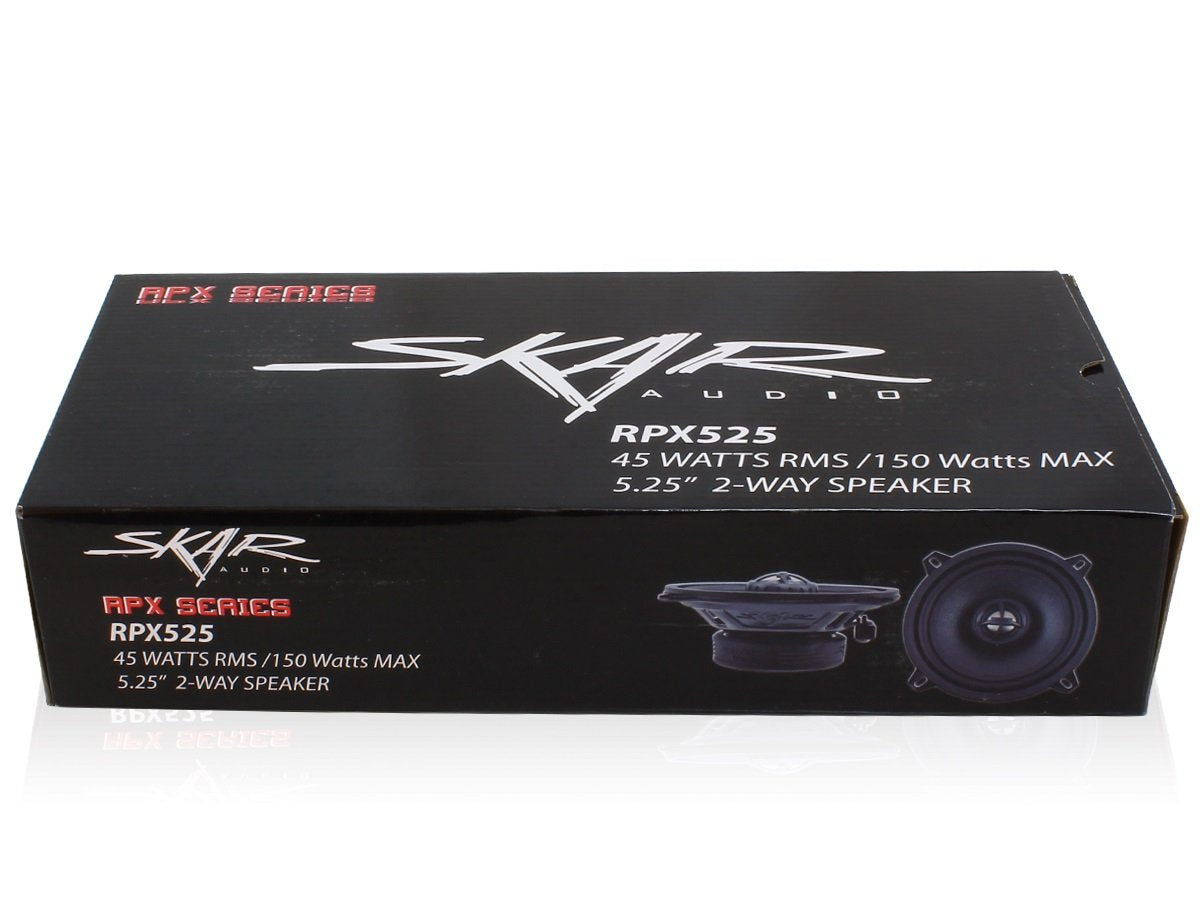 Skar Audio RPX525 pair and packaging demonstrating ready-to-install convenience
