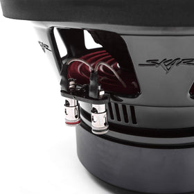 Skar Audio SDR-10 D2 ferrite motor closeup, robust construction for sustained peak performance.