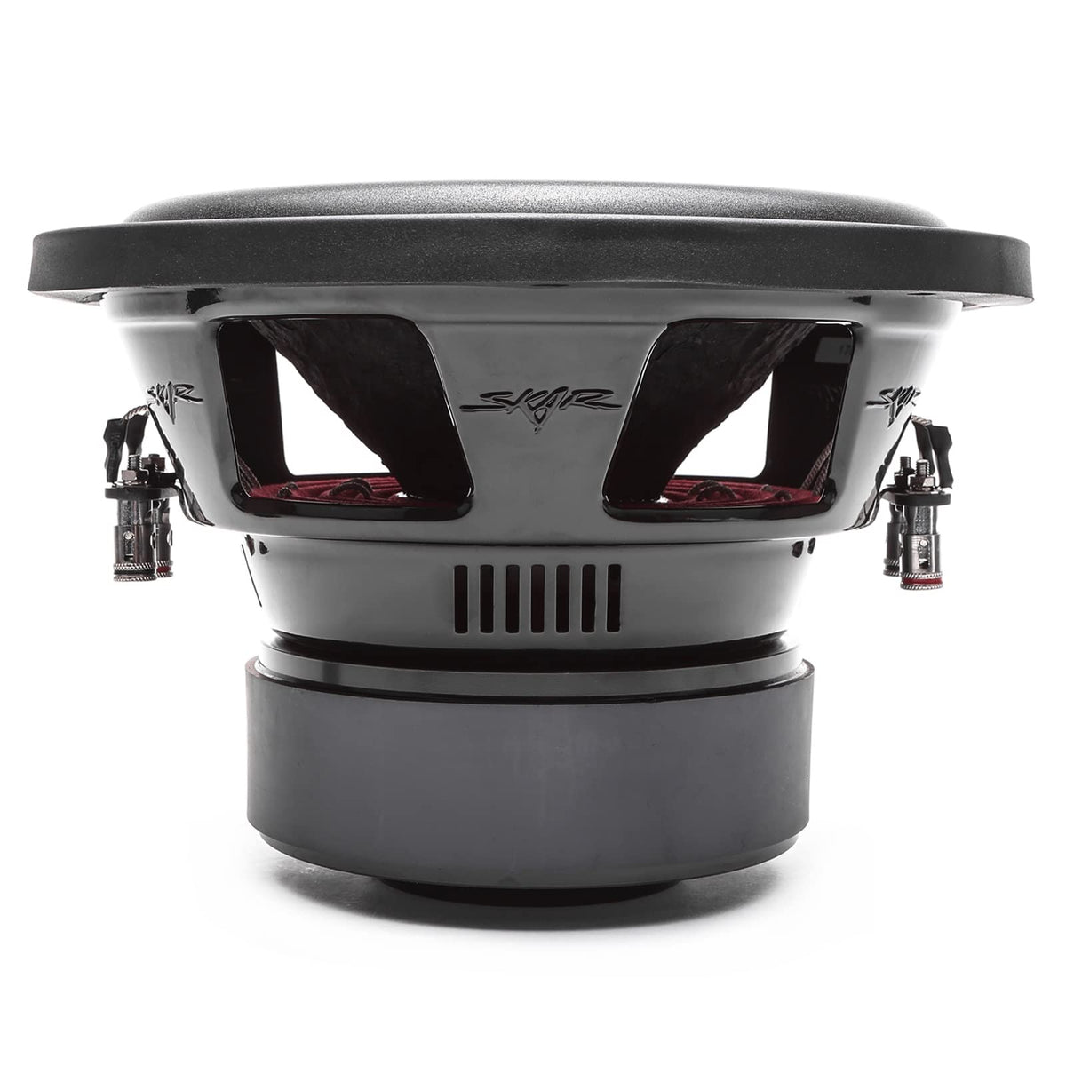 Skar Audio SDR-10 D2 mounting depth with spec label, easy integration into compact enclosures.