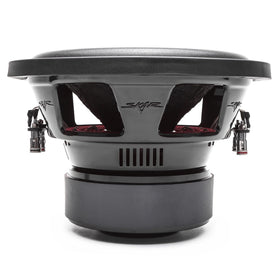 Skar Audio SDR-10 D2 mounting depth with spec label, easy integration into compact enclosures.
