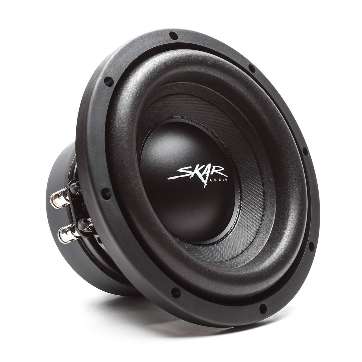 Skar Audio SDR-1X8D2 top view displaying premium black carpet finish with white logo.