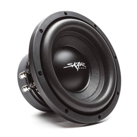 Skar Audio SDR-1X8D2 top view displaying premium black carpet finish with white logo.