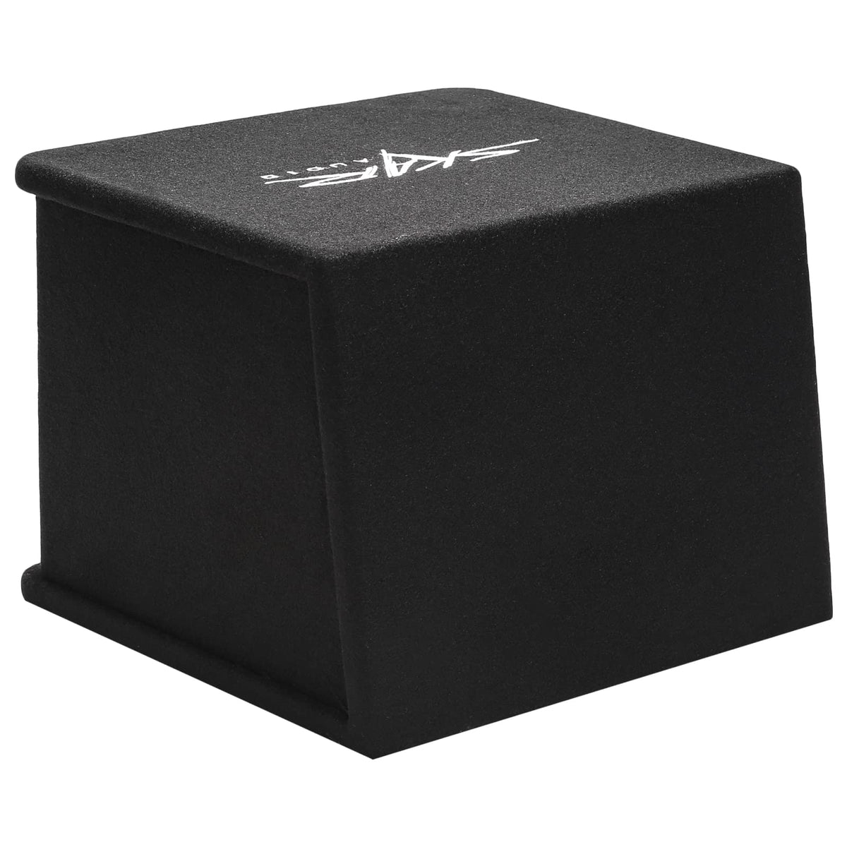 Skar Audio SDR-1X8D2 enclosure back view illustrating ready-to-fit dimensions in a vehicle.