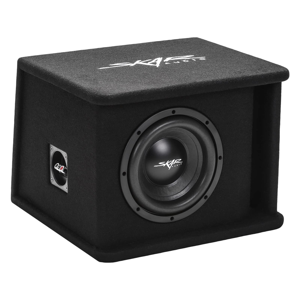 Skar Audio SDR-1X8D2 loaded enclosure front view showing compact, bass-ready design for cars.
