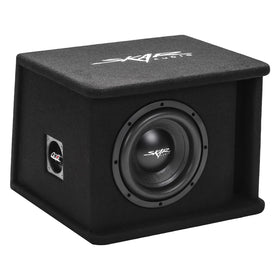 Skar Audio SDR-1X8D2 loaded enclosure front view showing compact, bass-ready design for cars.