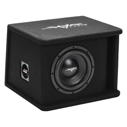 Skar Audio SDR-1X8D2 loaded enclosure front view showing compact, bass-ready design for cars.