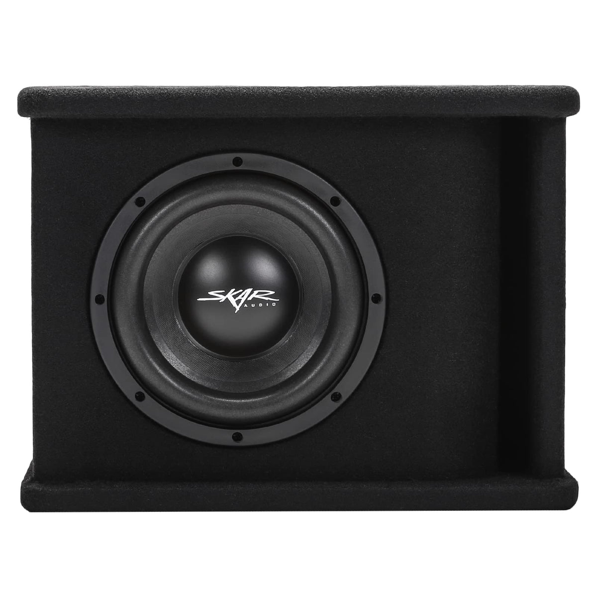 Skar Audio SDR-1X8D2 enclosure side view highlighting pre-wired, easy-install setup for faster installs.