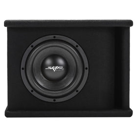 Skar Audio SDR-1X8D2 enclosure side view highlighting pre-wired, easy-install setup for faster installs.