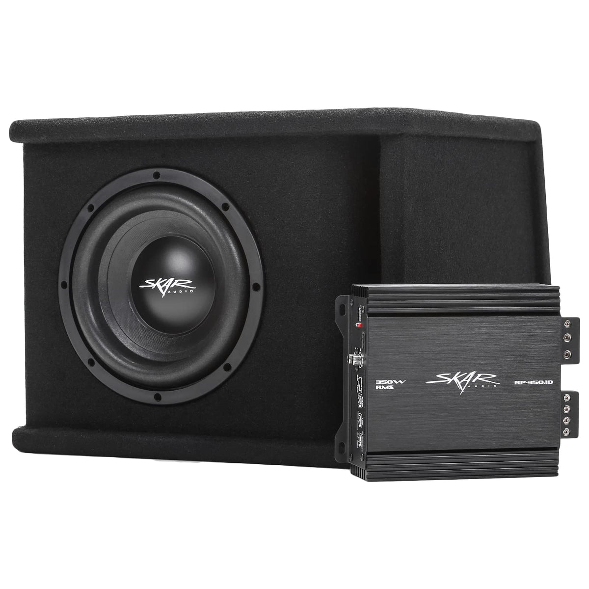 Skar Audio SDR 1x8D2 woofer close-up highlights magnet for deep lows.