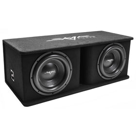 Skar Audio SDR-2X12D4 top view showcases premium black carpet and logo for a sleek look.