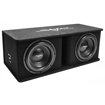 Skar Audio SDR-2X12D4 top view showcases premium black carpet and logo for a sleek look.