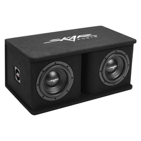 Skar Audio SDR-2X8D4 front view reveals dual 8-inch loaded subs for powerful bass.