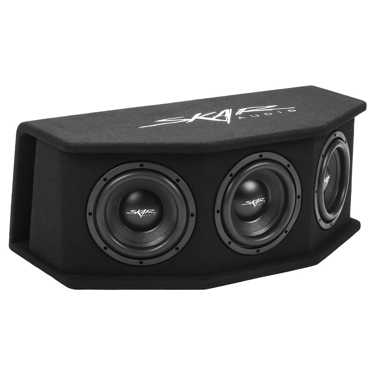 Skar Audio SDR-3X8D2 front view shows compact triple 8 enclosure with bass potential