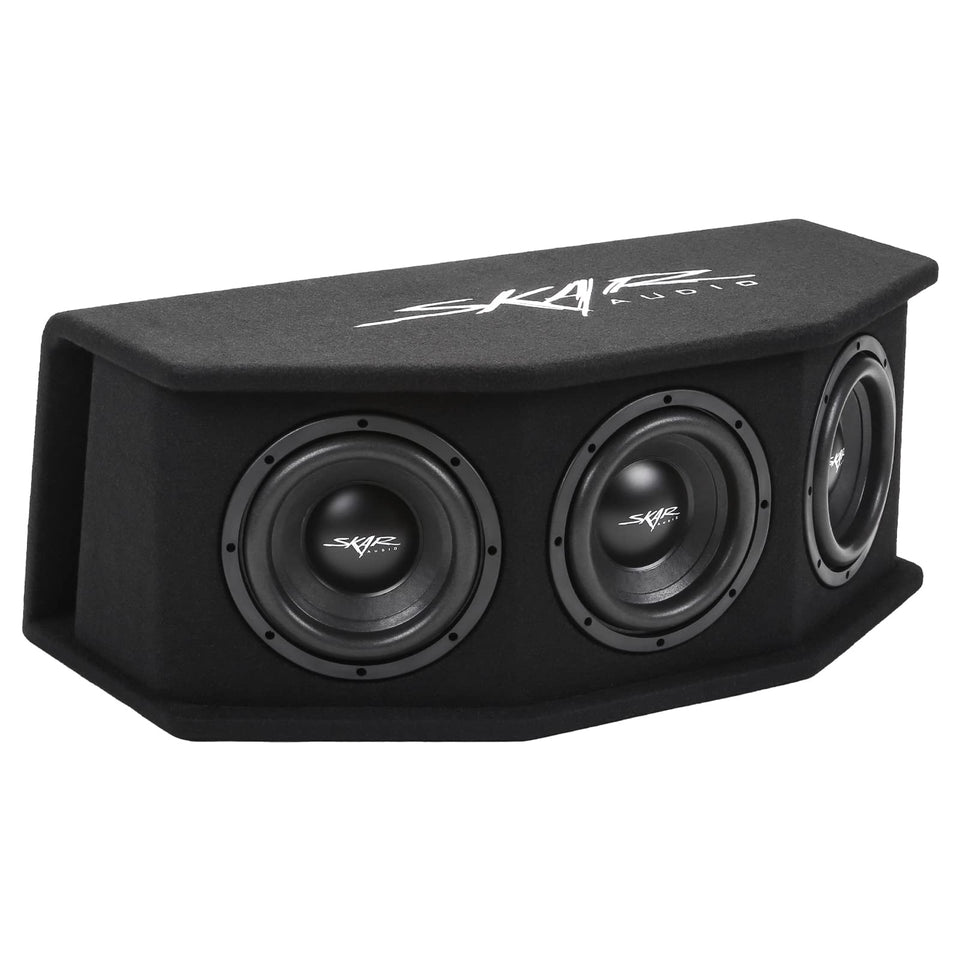 Skar Audio SDR-3X8D2 front view shows compact triple 8 enclosure with bass potential