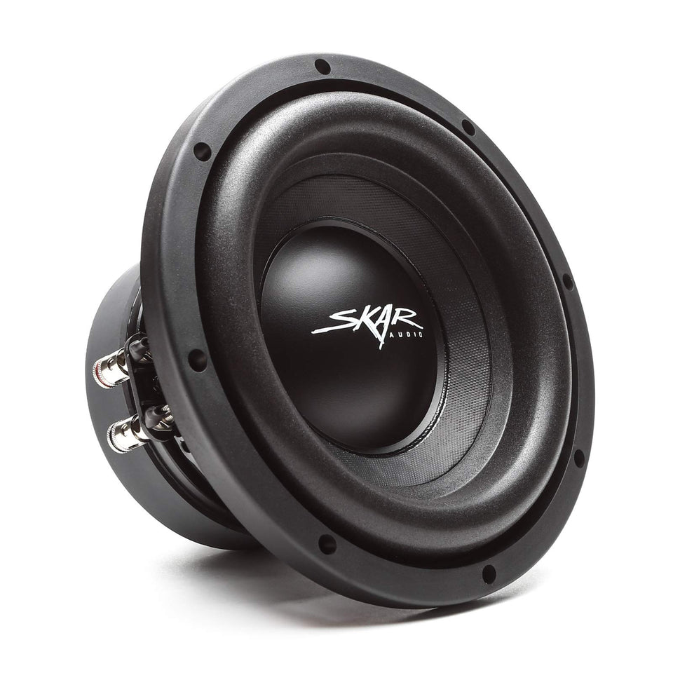 Skar Audio SDR-8 D2 dual 2-ohm subwoofer front view showcasing compact, powerful bass potential.