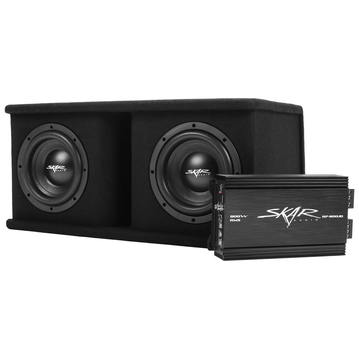 Skar Audio SDR dual 8 cone close-up showing rugged woofer cone texture.