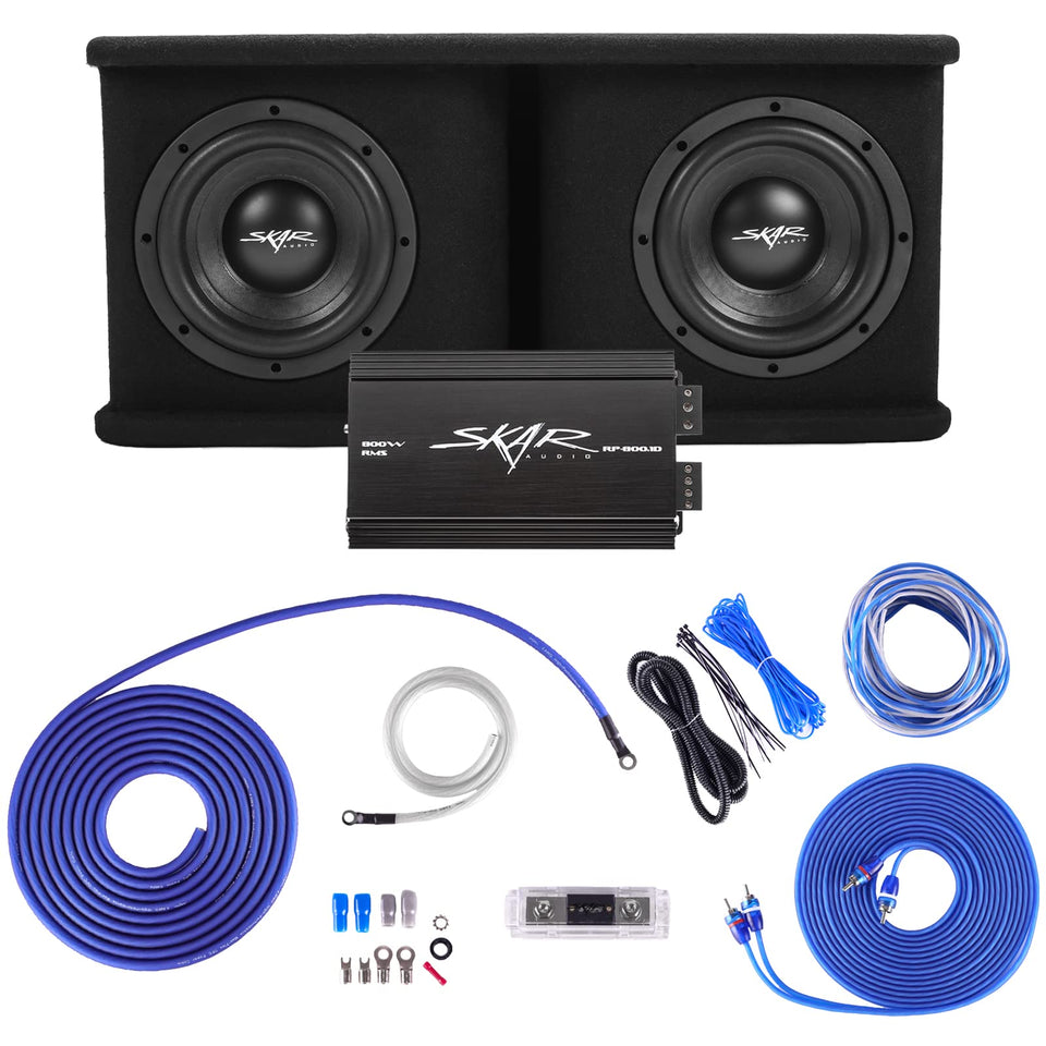 Skar Audio SDR dual 8 loaded enclosure ready for install, delivering deep bass.