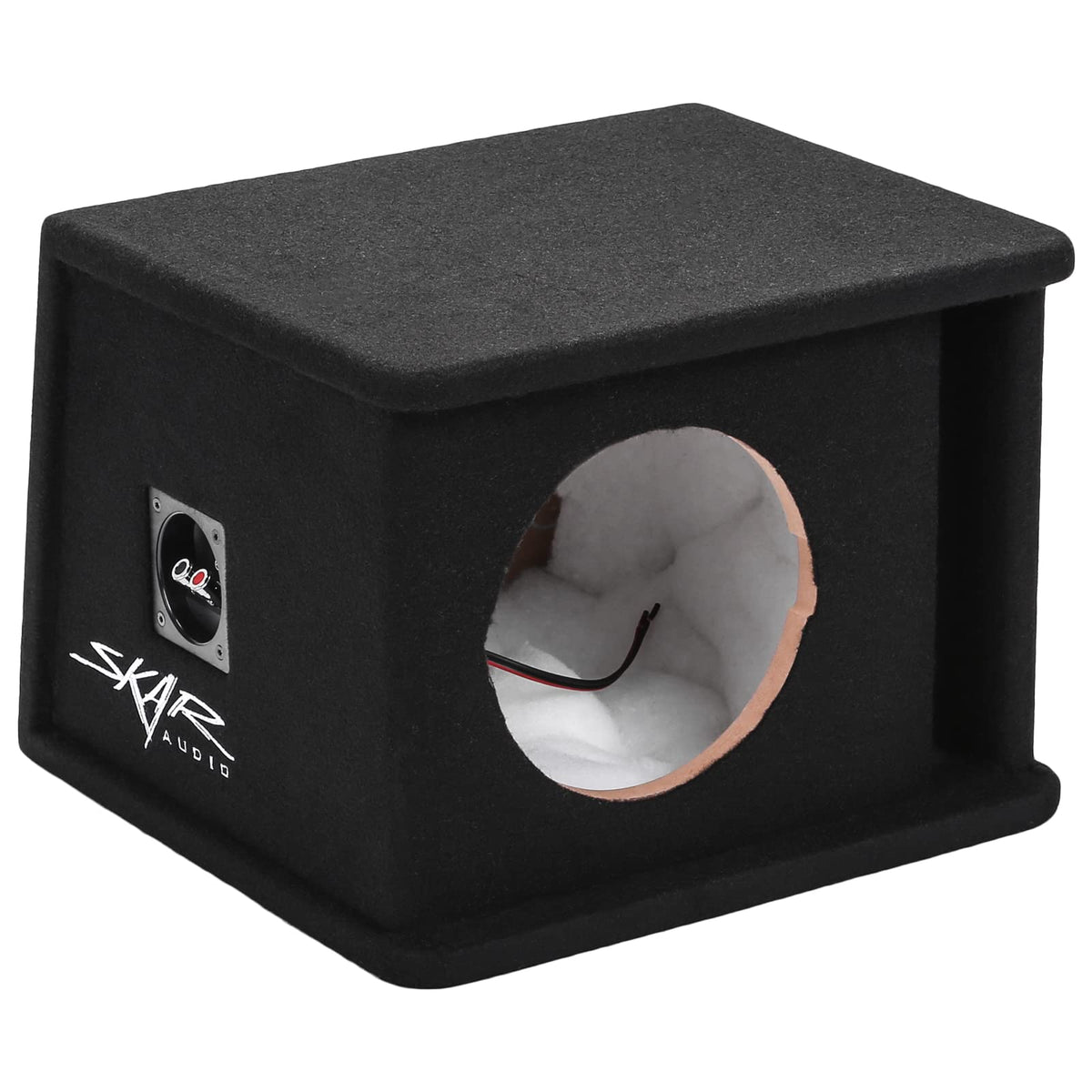 Skar Audio SK1X8V 8-inch enclosure side view shows universal fit and premium finish