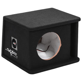 Skar Audio SK1X8V 8-inch enclosure side view shows universal fit and premium finish