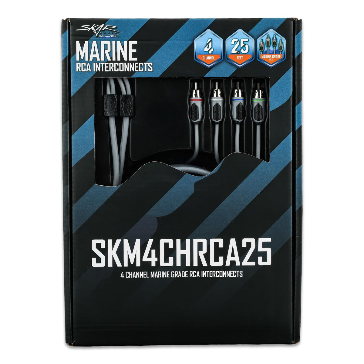 Skar Audio SKM4CHRCA25 marine-grade interconnects support multi-channel systems.