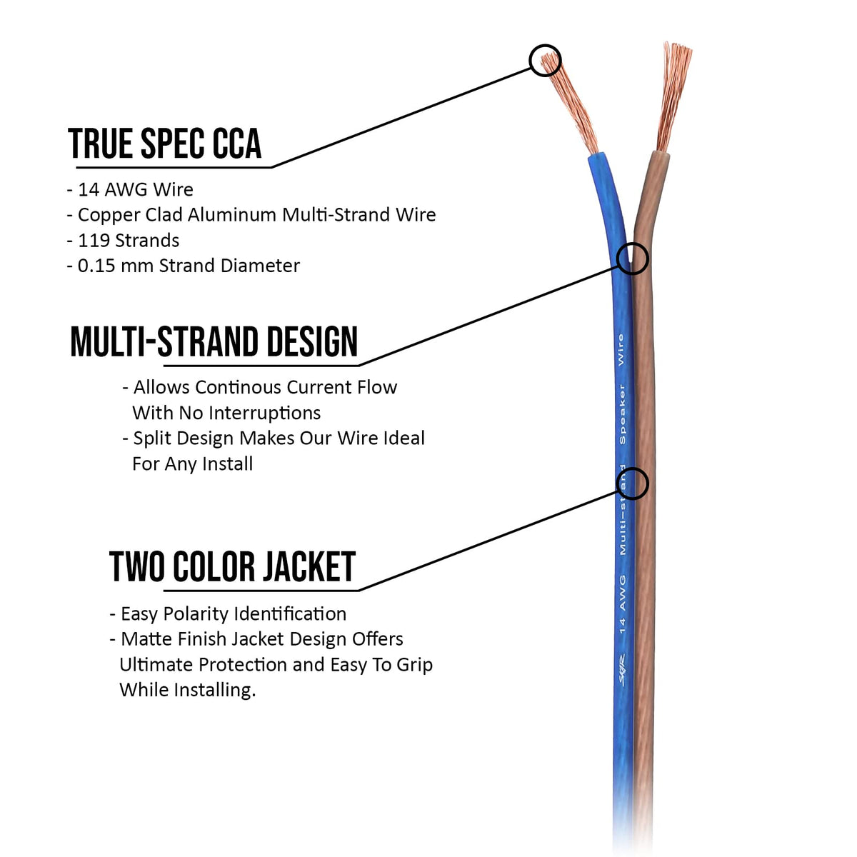 Skar Audio soft-touch jacket on blue/brown wire for easy routing