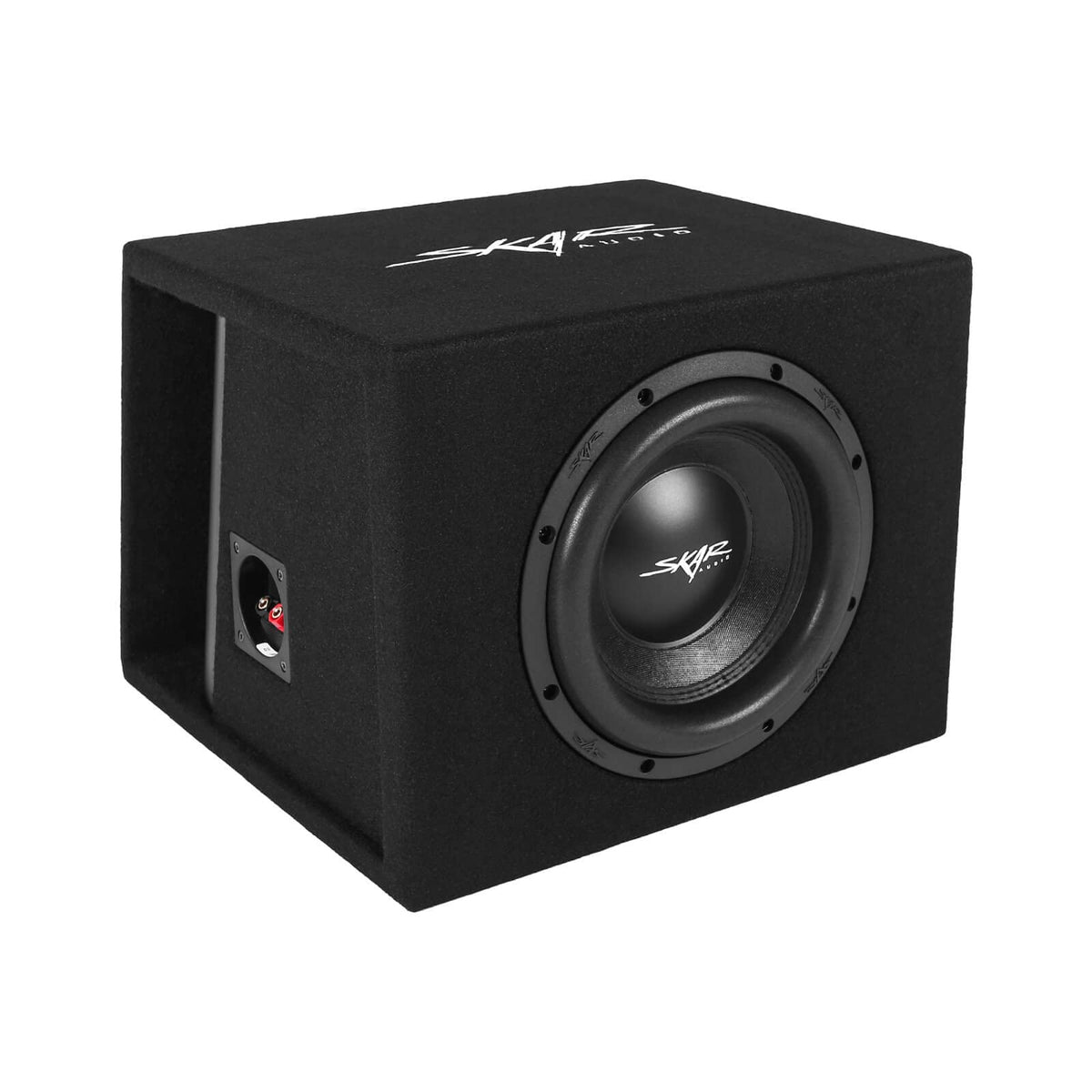 Skar Audio SVR-1X10D2 front view shows a compact high-power enclosure for car bass