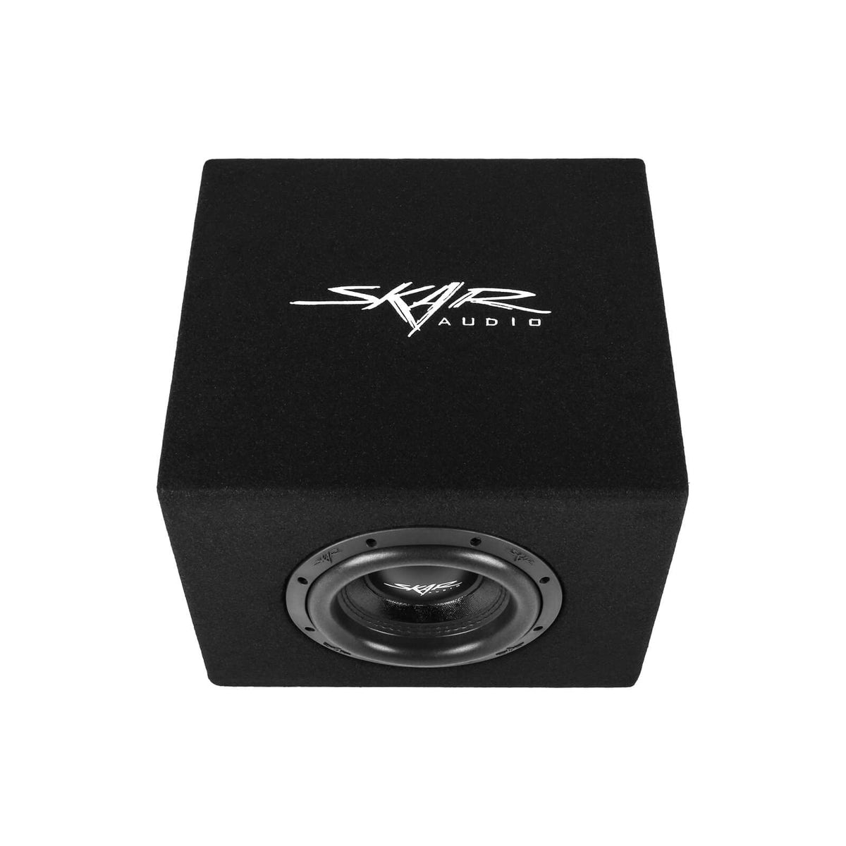 Skar Audio SVR-1X8D2 woofer assembly ready for quick mounting in a vehicle.