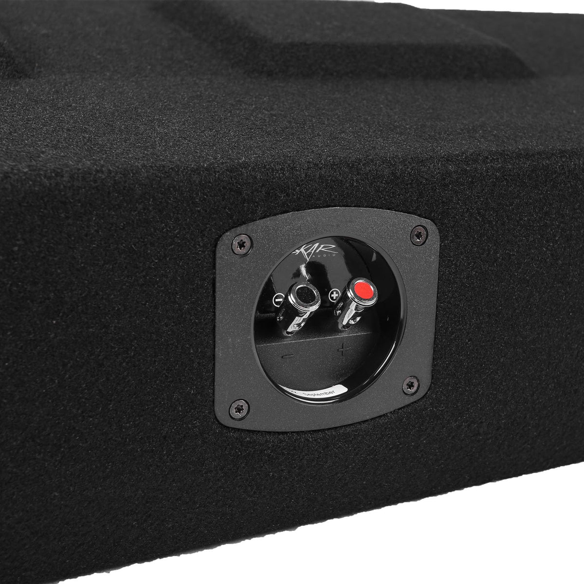Wiring cup on Skar Audio enclosure showing 1-ohm load setup