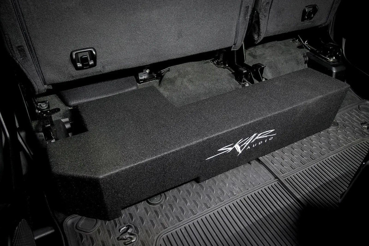 Skar Audio under-seat enclosure minimizes footprint and preserves rear cargo space