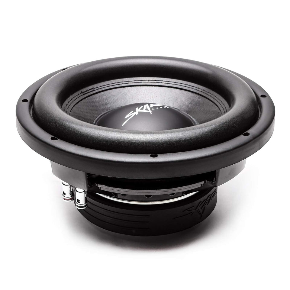 Skar Audio VD-10 D2 subwoofer front view, compact design for powerful bass.