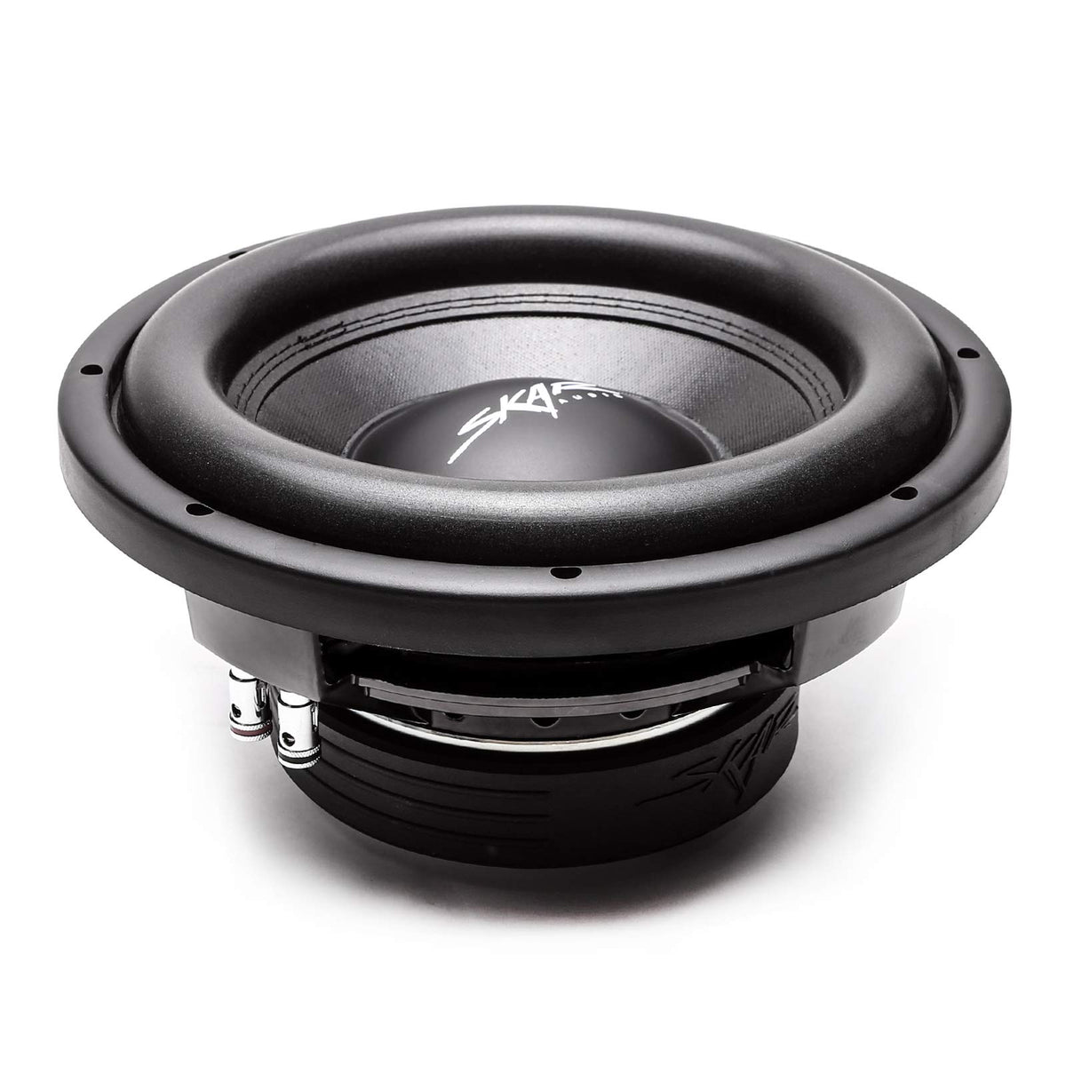 Skar Audio VD-10 D4 subwoofer front view shows compact shallow mount fit for tight spaces.