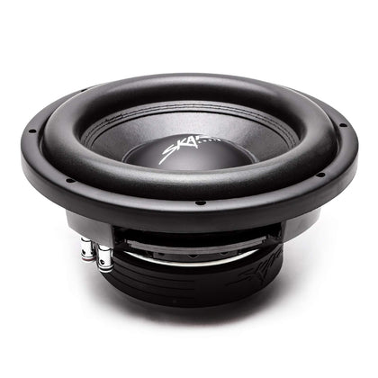 Skar Audio VD-10 D4 subwoofer front view shows compact shallow mount fit for tight spaces.