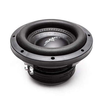 Skar Audio VD-8 D4 subwoofer front view showing compact shallow mount design for tight spaces.