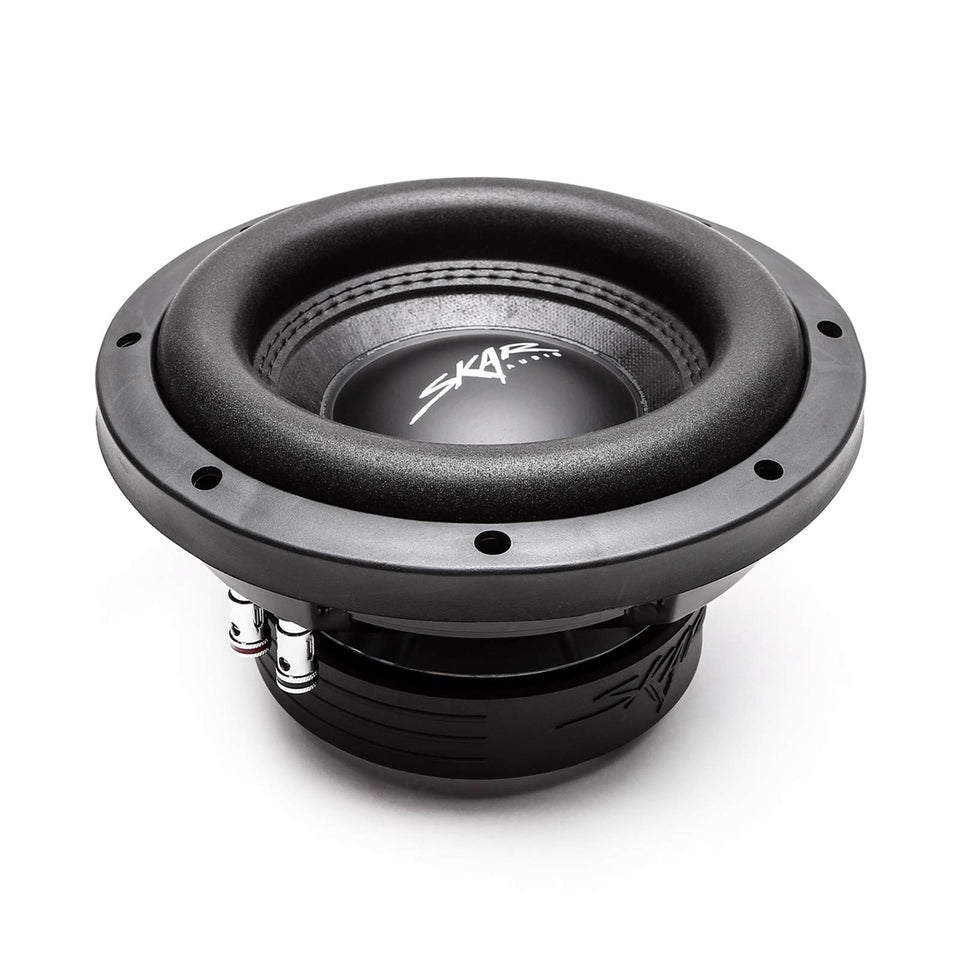Skar Audio VD-8 D4 subwoofer front view showing compact shallow mount design for tight spaces.
